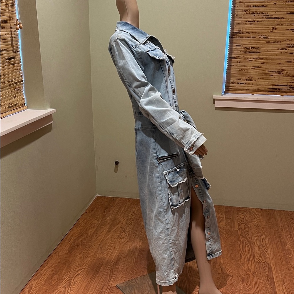 Akira Light Wash Denim Button-Front Maxi Dress or Coat Waist Tie size L - Picture 2 of 10